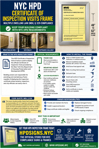 NYC HPD Certificate of Inspection Visits Frame 6x9 (MDL § 329) -pdf file