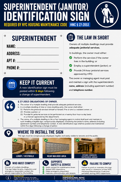 HPD Superintendent / Janitor Identification Sign – HMC § 27-2053 ( pdf Local Law)