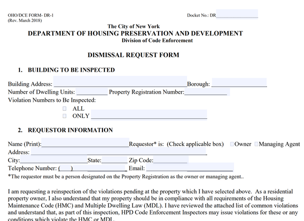 NYC HPD Dismissal Request Form (DR-1) Guide – How to Remove HPD Violations(pdf file)