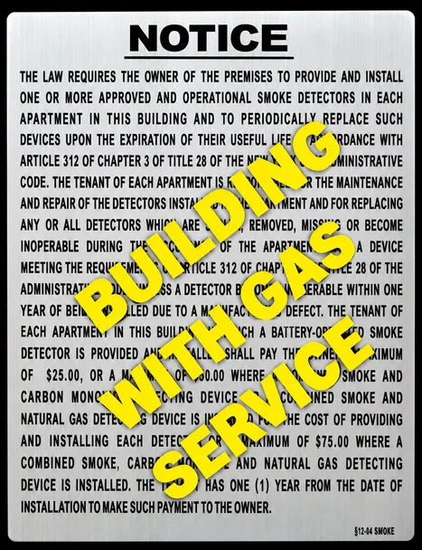 Gas Building -Smoke Detector Notice Sign – NYC HPD (white, Building With Gas Service ,2027)