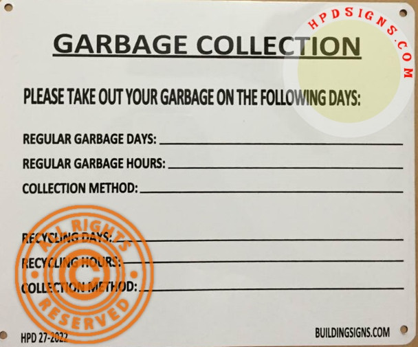 HPD NYC Garbage Collection SIGN 27-2022