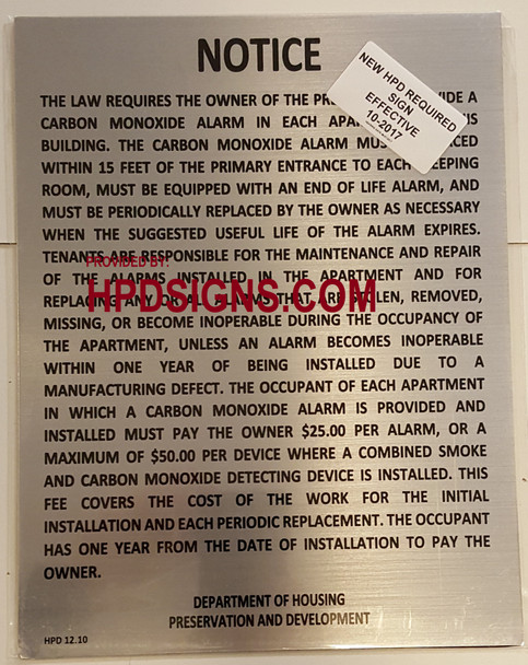 NYC HPD Carbon Monoxide Detector Notice
