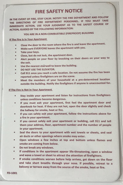 HPD"Fire Safety Notice" Sign- Fire Proof Building