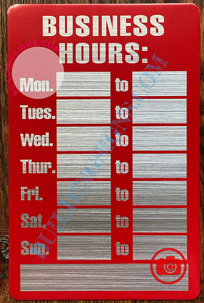 Business Hours Sign (Aluminum, RED/Brush Aluminium,5.5x8.5)