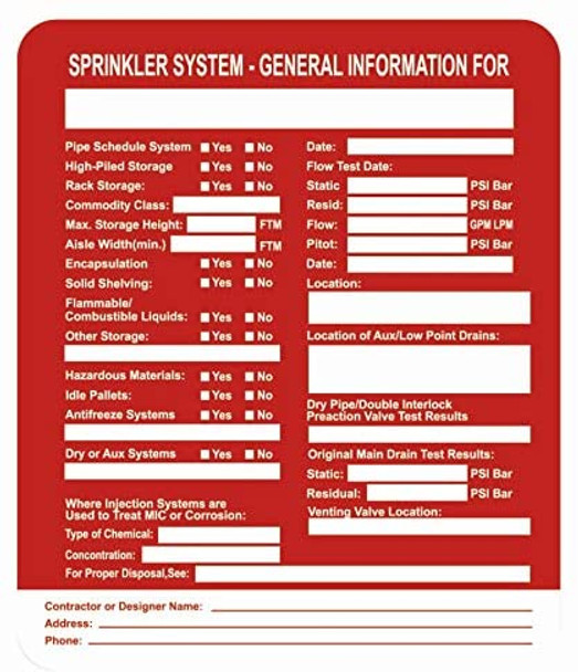 Sprinkler System General Information Label Decal Sticker