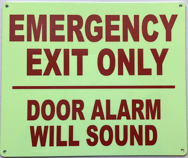 Photoluminescent EMERGENCY EXIT DOOR ONLY ALARM WILL SOUND SIGN