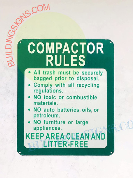 COMPACTOR RULES SIGN ( GREEN, Reflective ALUMINUM , 10x12 INCH)