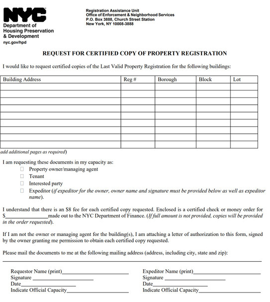 certified copy of my Property Registration for court hpd