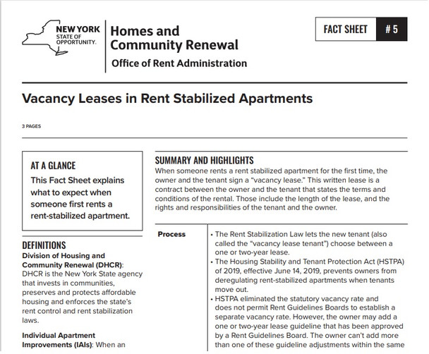 Fact Sheet #5: Vacancy Leases in Rent Stabilized Apartments