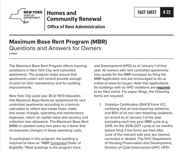 Fact Sheet #22: Maximum Base Rent Program (MBR) – Questions and Answers for Owners