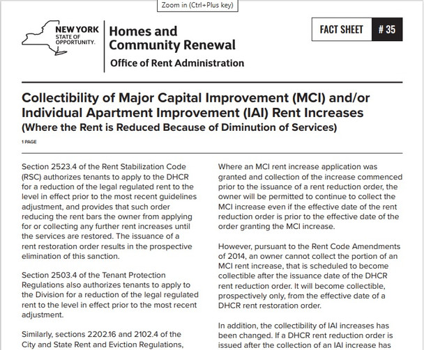 Fact Sheet #35: Collectability of Major Capital Improvement (MCI) and/or Individual Apartment Improvement (IAI) Rent Increases Where the Rent is Reduced Because of Diminution of Services