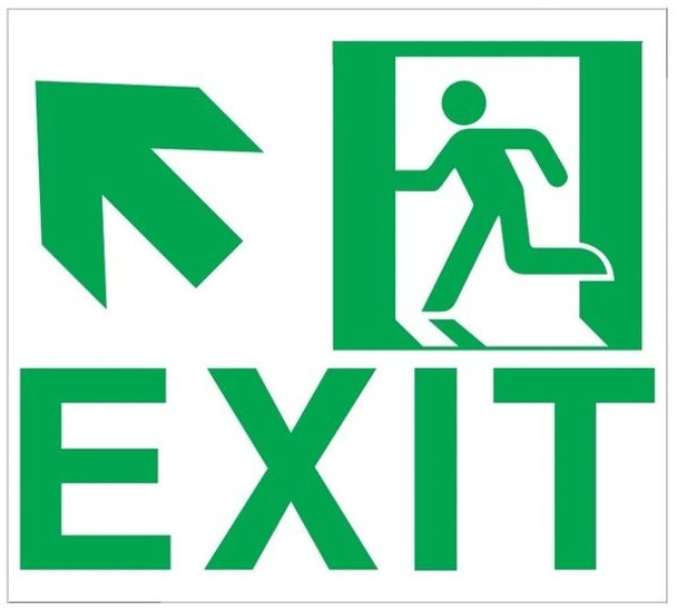 GLOW IN THE DARK HIGH INTENSITY SELF STICKING PVC GLOW IN THE DARK SAFETY GUIDANCE SIGN - "EXIT" SIGN 9X10 WITH RUNNING MAN AND UP LEFT ARROW