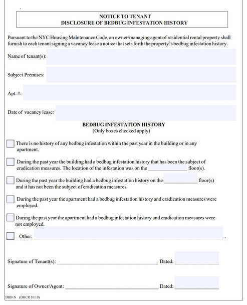 tenant signing a vacancy lease a notice for bedbug infestation history