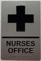 NURSES OFFICE  Raised letters, Raised Image & Grade 2 Braille - Includes Red Adhesive pad for Easy Installation ( SILVER Color, Tacticle , Aluminium) - The Sensation line