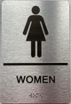 Signage Men/Women Restroom  with Raised letters/Image & Grade 2 Braille - Includes Red Adhesive pad for Easy Installation ( Brushed Aluminum/silver, Tacticle ) - The park Ave Line (WOMEN)