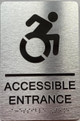 Signage ACCESSIBLE ENTRANCE  with Raised letters/Image & Grade 2 Braille - Includes Red Adhesive pad for Easy Installation ( Brushed Aluminum/silver, Tacticle ) - The park Ave Line