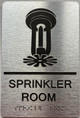 SPRINKLER ROOM  with Raised letters/Image & Grade 2 Braille - Includes Red Adhesive pad for Easy Installation ( Brushed Aluminum/silver, Tacticle ) - The park Ave Line