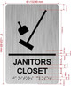 Sign JANITOR'S CLOSET  with Raised letters/Image & Grade 2 Braille - Includes Red Adhesive pad for Easy Installation ( Brushed Aluminum/silver, Tacticle ) - The park Ave Line