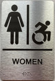 Signage Restroom / Unisex ADA Compliant  with Raised letters/Image & Grade 2 Braille - Includes Red Adhesive pad for Easy Installation ( Brushed Aluminum/silver) - The park Ave Line (Women Accessible)