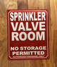 SPRINKLER VALVE ROOM SAFETY SIGN