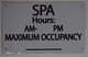 SIGNAGE  SPA Hours & MAX Occupancy
