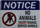 SIGN Notice NO Animals Except Trained Service Animals  (Two Sided Tape, White ,)