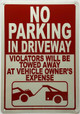 No parking in drivway with image Signage