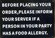 RESTURANT FOOD ALLERGY WARNING  Signage