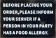 RESTURANT FOOD ALLERGY WARNING  Sign