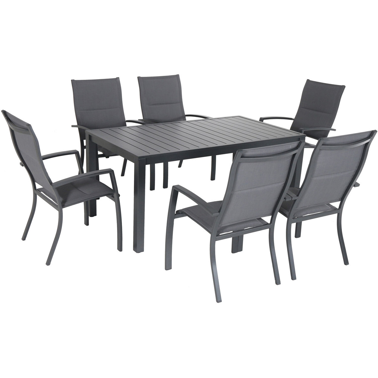 Naples 7-Piece Outdoor Dining Set with 6 Padded Sling Chairs in Gray and a  63" x 35" Dining Table - Hanover Home
