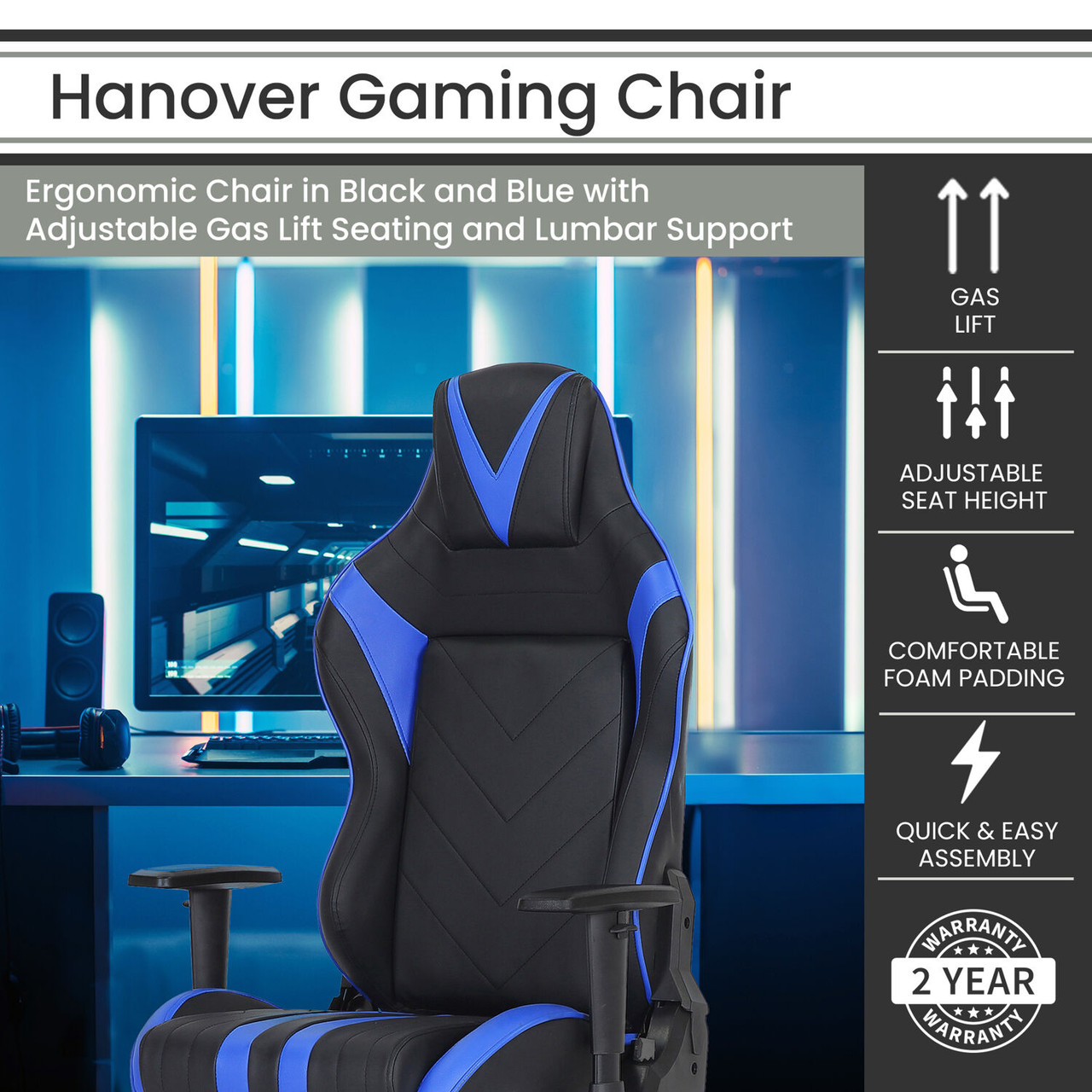 Hanover Commando Ergonomic Gaming Chair with Adjustable Gas Lift Seating  Lumbar and Neck Support