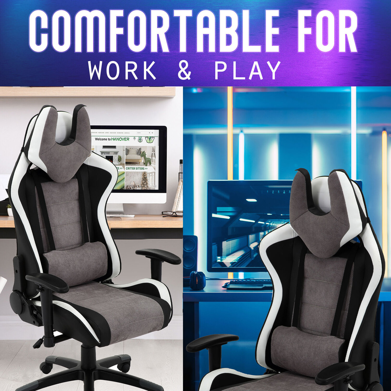 Hanover Commando Ergonomic Gaming Chair with Adjustable GAS Lift Seating Lumbar and Neck Support Black/Blue