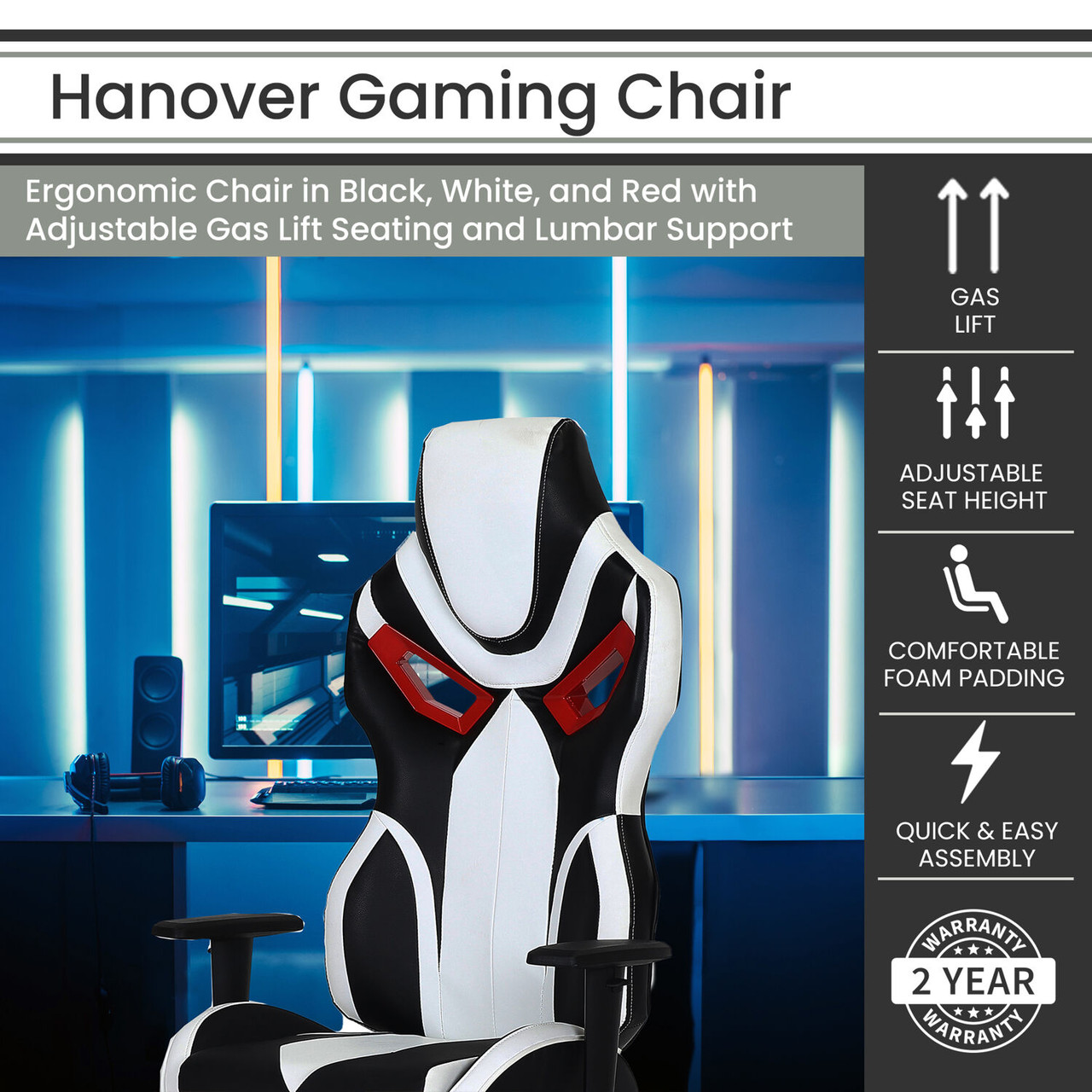 Hanover Commando Ergonomic Gaming Chair in Black, White, and Red with  Adjustable Gas Lift Seating, Lumbar and Neck Support, HGC0111