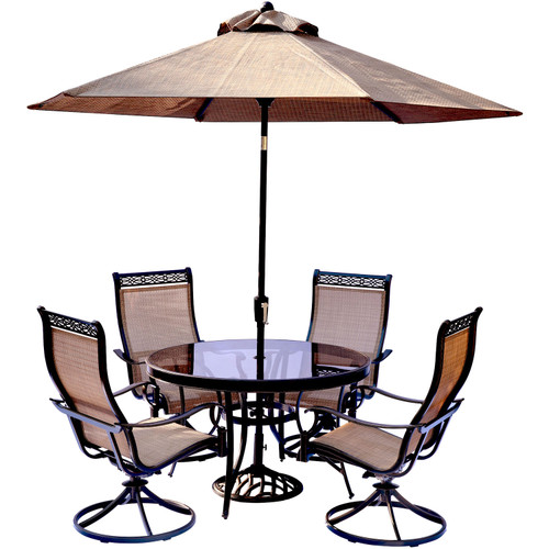 Monaco 5-Piece Dining Set with Swivel Sling Chairs, Glass-top Dining Table, 9 Ft. Table Umbrella, and Umbrella Stand