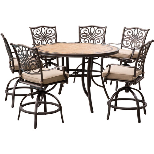 Monaco 7-Piece High-Dining Set in Tan with a 56 In. Tile-top Table and 6 Swivel Chairs