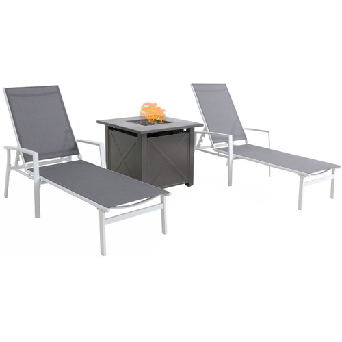 Hanover Naples 3-Piece Chaise Lounge Set featuring a 40,000 BTU Tile-Top Fire Pit Table with Burner Cover