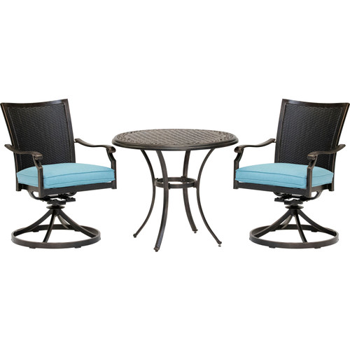 Traditions 3-Piece Dining Set with 2 Wicker Back Swivel Rockers and 32 in. Round Cast-Top Table