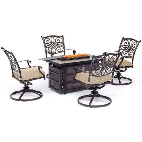 Traditions 5-Piece Seating Set  with a 30,000 BTU Fire Pit Table and 4 Swivel Rockers