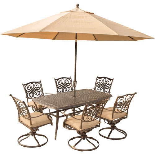 Traditions 7-Piece Dining Set with 72 x 38 in. Dining Table, 9 Ft. Table Umbrella, and Umbrella Stand