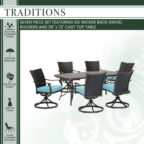 Traditions 7-Piece Dining Set with 6 Wicker Back Swivel Rockers and Large 38 in. x 72 in. Cast-Top Table