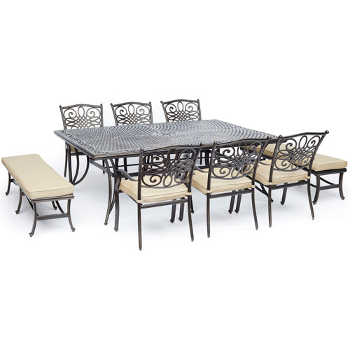 Traditions 9-Piece Dining Set with 6 Dining Chairs, 2 Benches, and a 60" x 84" Cast-Top Dining Table