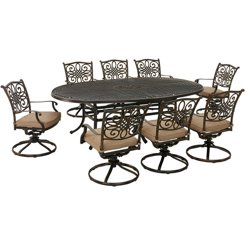 Traditions 9-Piece Dining Set with 8 Swivel Rockers and 95-in. x 60-in. Oval Cast-Top Dining Table