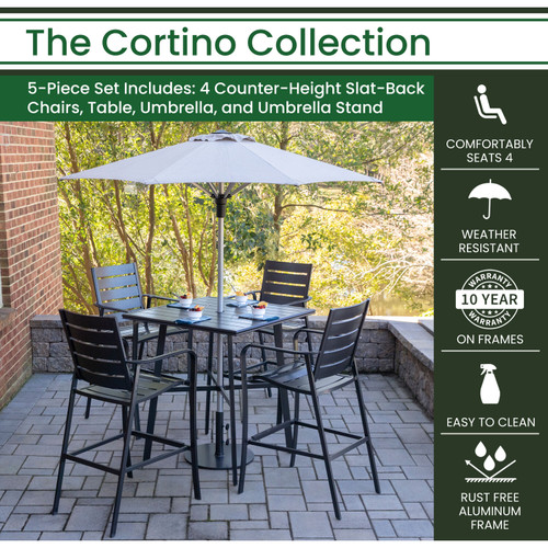 Cortino 5-Piece Commercial-Grade Counter-Height Dining Set with 4 Chairs, 38-in. Slat-Top Table, 7.5-ft. Umbrella and Stand