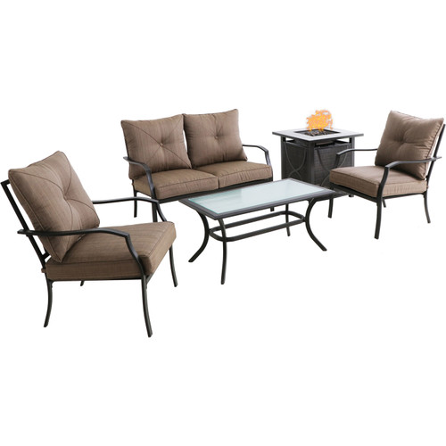 Hanover Palm Bay 5-Piece Fire Pit Lounge Set featuring a 40,000 BTU Tile-Top Sling Fire Pit Table with Burner Cover