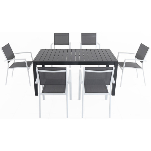 Naples 7-Piece Outdoor Dining Set with 6 Sling Chairs in Gray/White and a 63" x 35" Dining Table