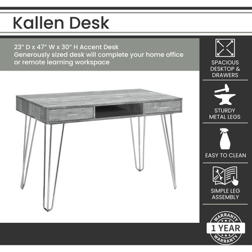 Hanover Kallen 47-In. Desk in Gray with Hairpin Legs