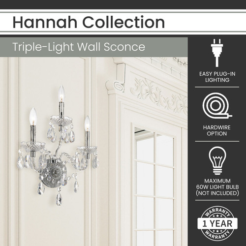 Hanover Hannah 3-Light Wall Sconce for Hardwire or Plug-In Installation, Chrome Finish and Faux Crystals, Clear, HHANNAHCLR-3WS