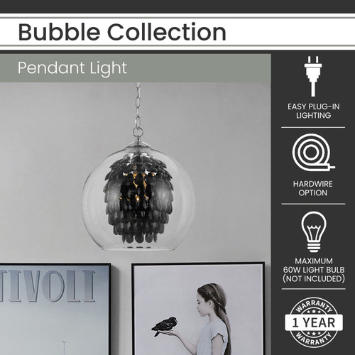 Hanover Bubble Pendant Light for Hardwire or Plug-In Swag Installation, Black Faux Crystal Drops Under Clear Glass, Chrome Finish, HBUBBLECLR-1PD