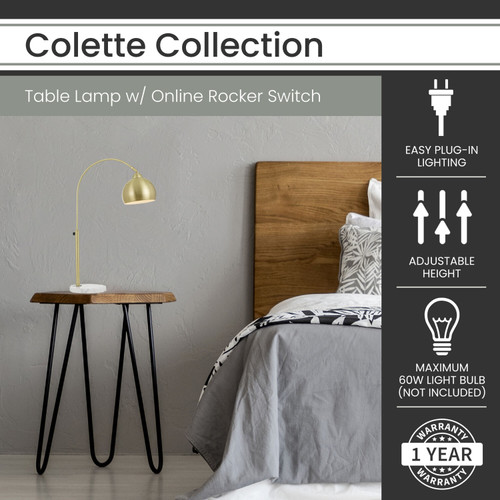 Hanover Colette Single-Bulb Table Lamp with White Marble Base, Metal Globe Shade, and Adjustable Arm, Pale Gold Finish, HCOLETTEGLD-1TBL