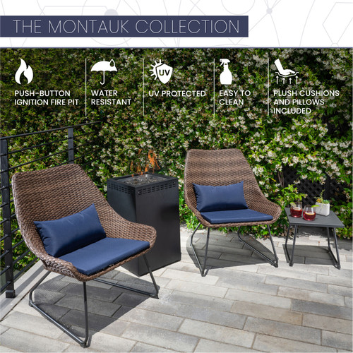 Montauk 4-Piece Woven Chat Set in Navy featuring a 40,000 BTU Column Fire Pit